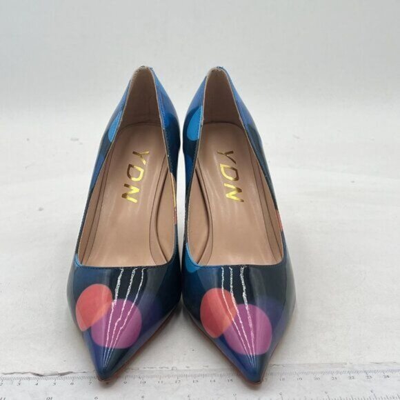 YDN Navy Polka Dot Chic Pointed Closed Toe Stiletto Heel Pump Slide Dress Shoes - Picture 3 of 8